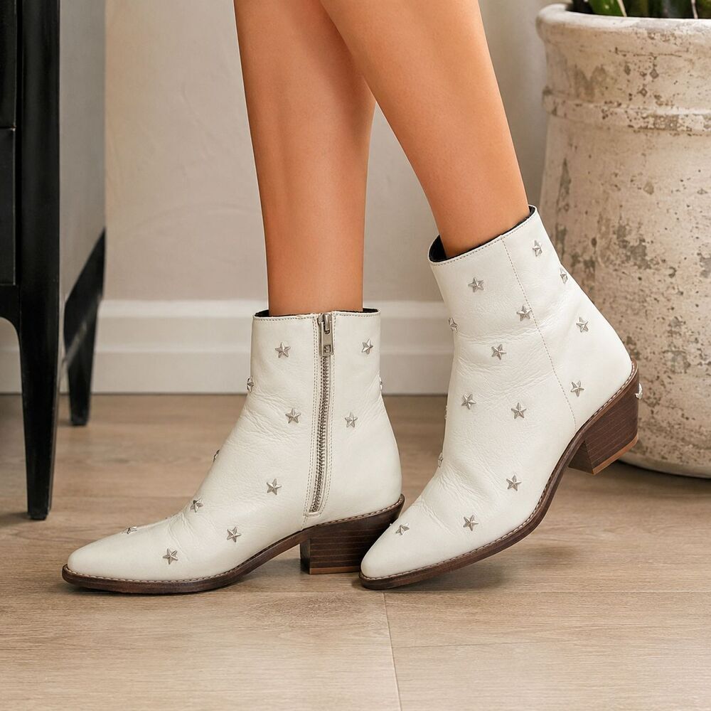 Zadig & Voltaire Tyler Star Stud Leather Ankle Boots White Western EU 37 US 6